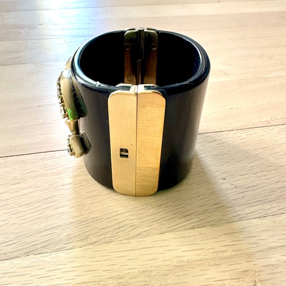 CHANEL Black Resin Crystal and Faux Pearl CC Wide Cuff Bracelet - Picture 7 of 10